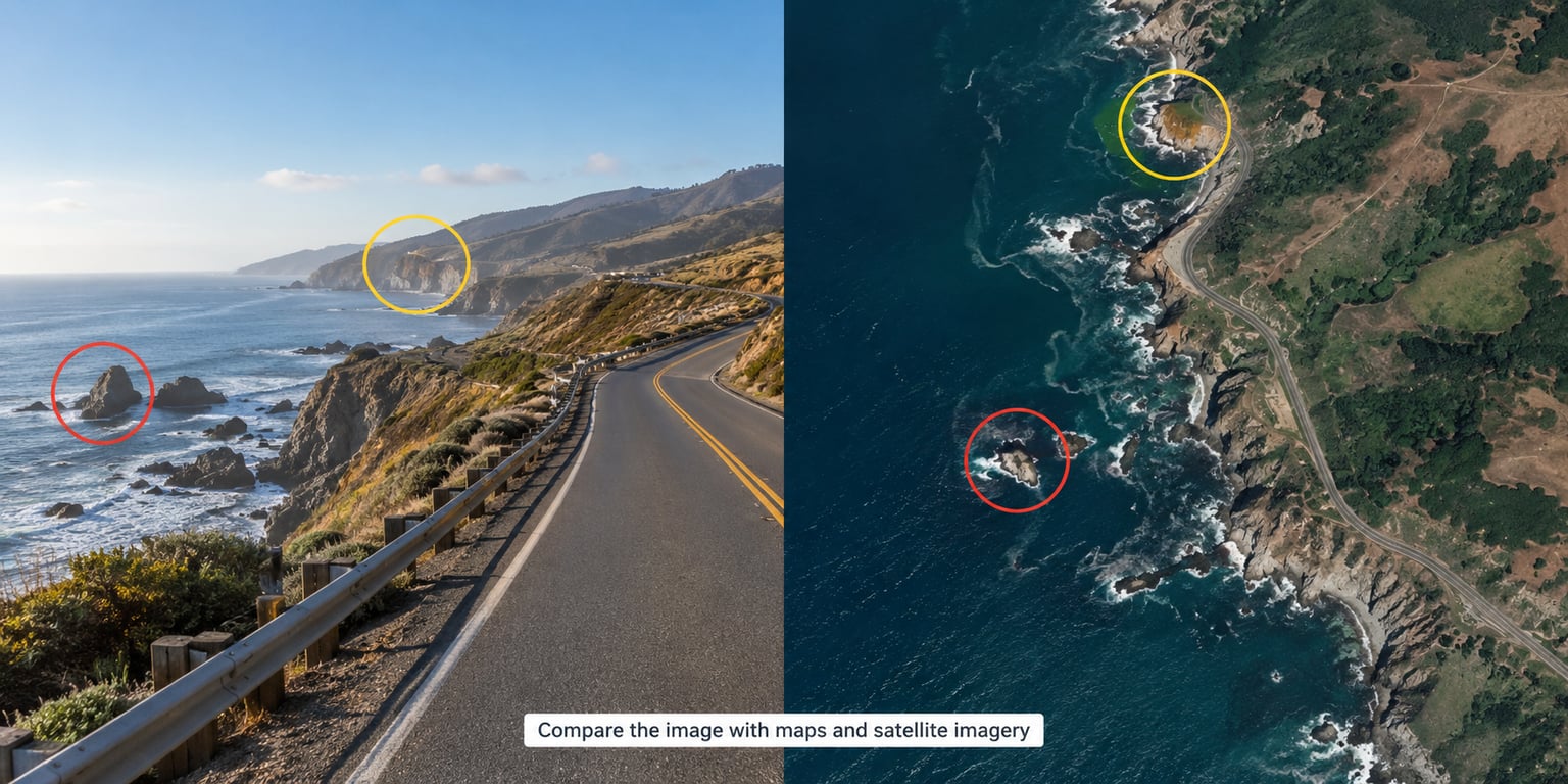 Compare the image with maps and satellite imagery