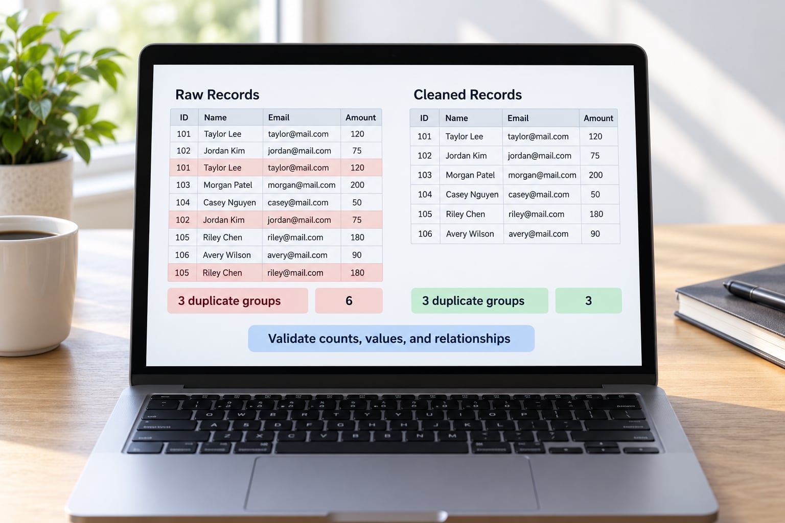 Validate counts, values, and relationships